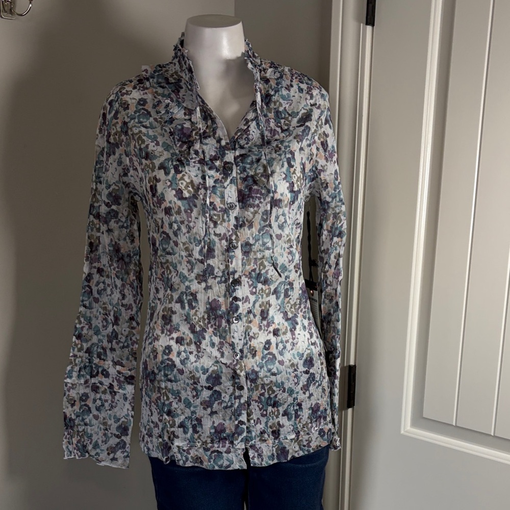 20H Threads Multicolor Sheer Button Up Silk Ruffle Shirt 2 old hippies Sz S NEW